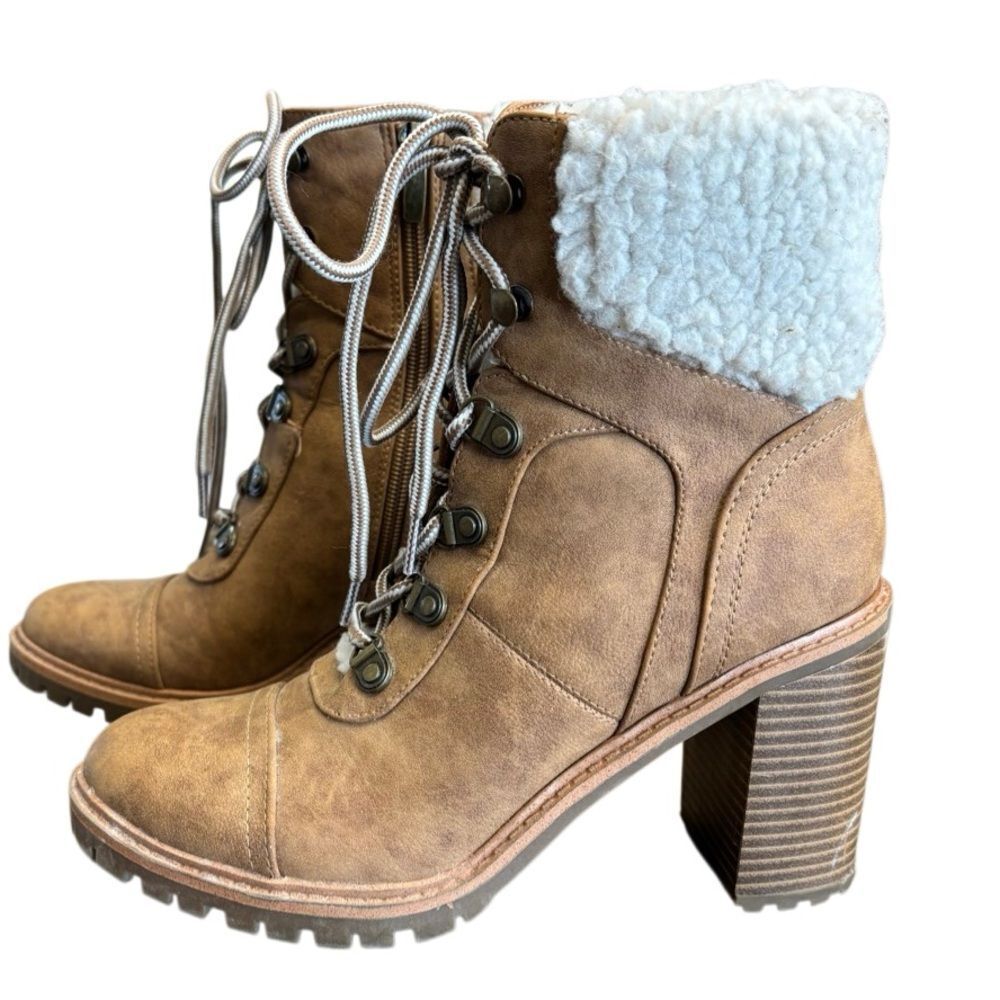 Nine WestUNISE Lace Up Ankle Boots Womens Size 7 Brown Faux Shearling Block Heel